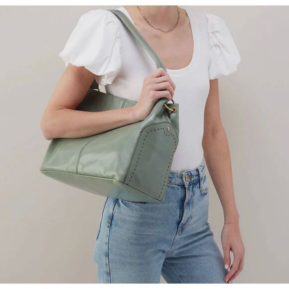 Hobo SENECA Shoulder Bag Jade Green EUC Genuine Leather Tote Patent Leather Gold - Picture 3 of 10